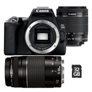 Foto principale Kit Fotocamera Reflex Canon EOS 250D Black + Obiettivo 18-55mm IS + Obiettivo 75-300mm III + Memory Card da 32GB – Prodotto in Italiano